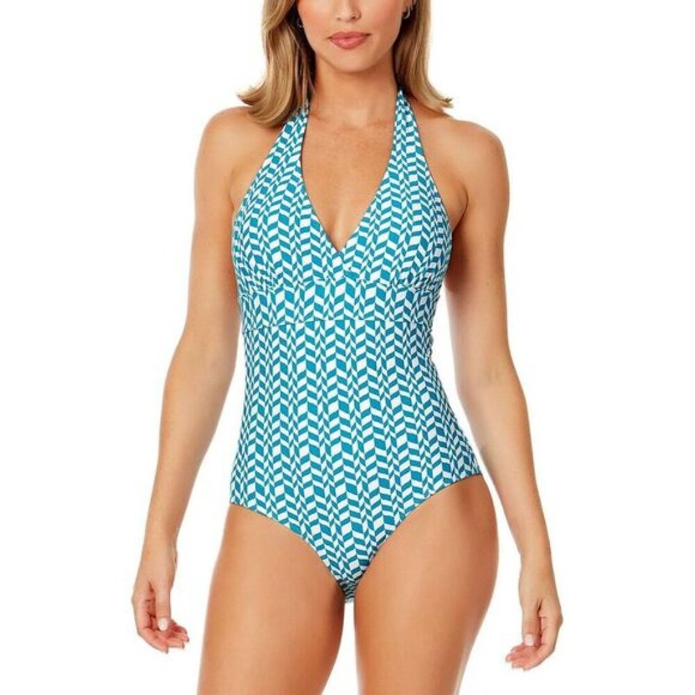 Anne Cole Women Blue Geo Printed Marilyn Halter One-Piece Swimsuit Size US 14